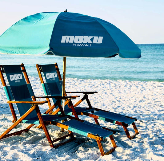 The MOKU Beach Adventure Teak Chair set and Umbrella Package